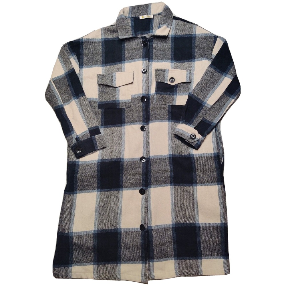 KIRUNDO Flannel Shacket Coat Women Size Medium Black Blue Plaid‎ 100% Cotton